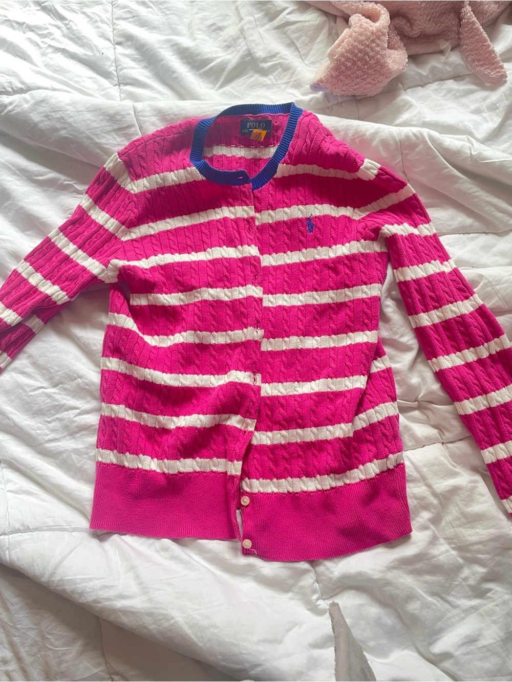 Polo Ralph Lauren Pink & White Striped Cable-Knit Cardigan